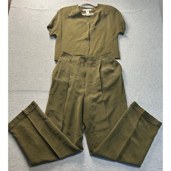 Jones New York Pants - Jones New York 2 Piece Silk Pant Suit Womens Size 10 Olive Short Sleeve Set